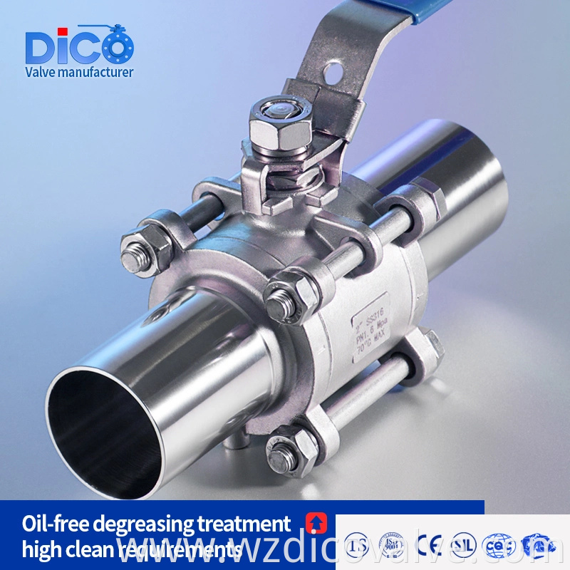 DICO Inversión Casting Material de construcción de alimentos Longitud sanitaria BW End CF3/CF3M 3PC Ball Valve